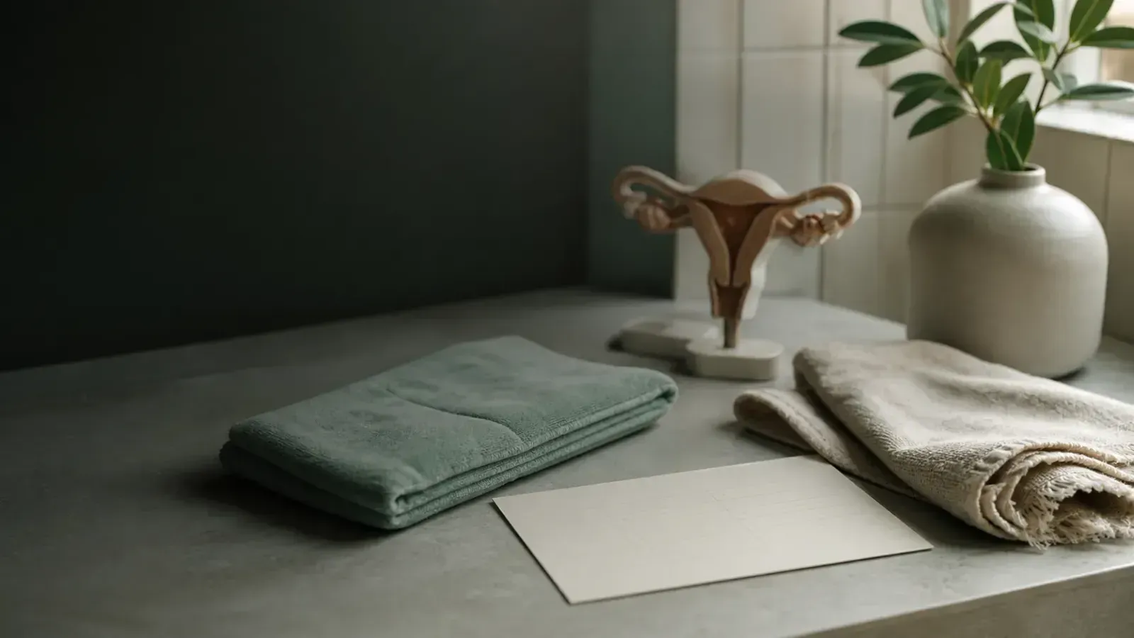 Foto-realistische Still-life-Szene in weichem Tageslicht: ein kleines Becken-Anatomiemodell leicht unscharf im Hintergrund, ein gefaltetes Wärmekissen aus Stoff und eine leere Symptom-Tracking-Karte ohne lesbaren Text auf einem ruhigen Badezimmer-Waschtisch.