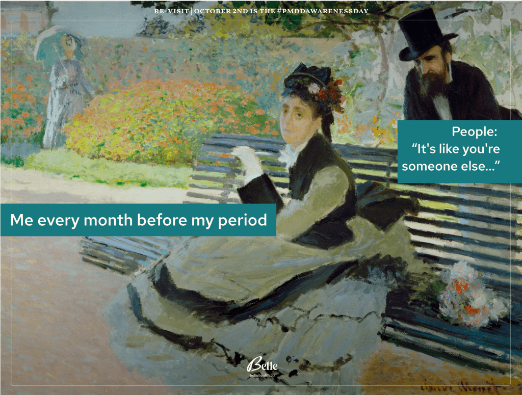A woman sitting on a bench, caption about feeling like a different person before a period
