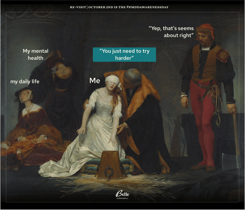 A classical painting of a blindfolded woman being led to her execution, with meme captions