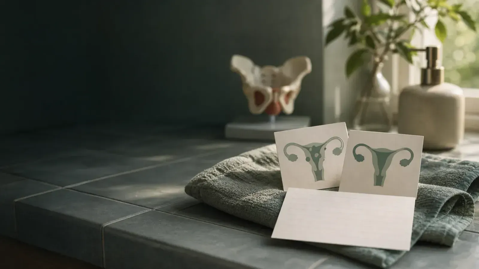 Foto-realistische Still-life-Szene in weichem Tageslicht: zwei kleine Karten mit abstrakten Uterus-Silhouetten ohne Text, eine leere Vergleichs-Notizkarte und ein Becken-Anatomiemodell leicht unscharf im Hintergrund auf einem ruhigen Badezimmer-Waschtisch.