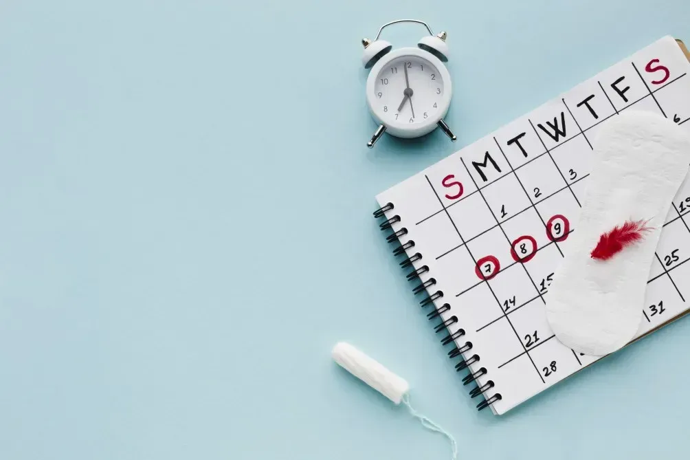 starke Periode: Zykluskalender mit markierten Menstruationstagen, Tampon und Binde mit Blutspur