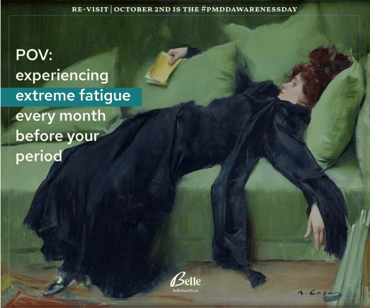 A painting of a woman reclining on a sofa with an expression of exhaustion, captioned to highlight the experience of extreme fatigue related to PMDD.