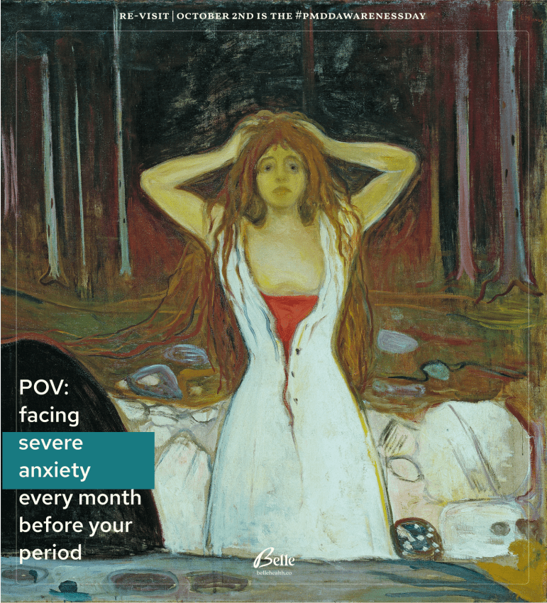 An expressionist painting of a woman in distress, holding her head, symbolizing inner turmoil and PMDD awareness.