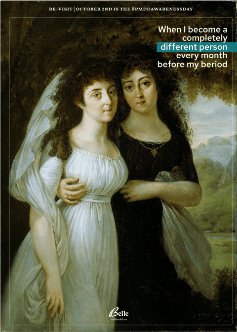 Two women with contrasting expressions and outfits, caption about feeling like a different person