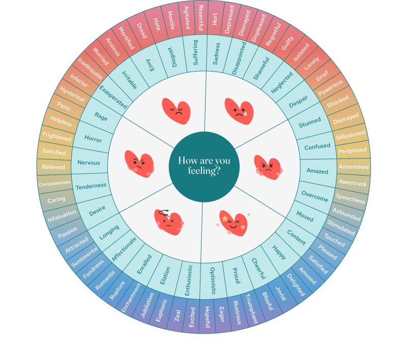 Feelings wheel printable and feeling wheel PDF featuring a circular chart with categorized emotions to help identify and express feelings.