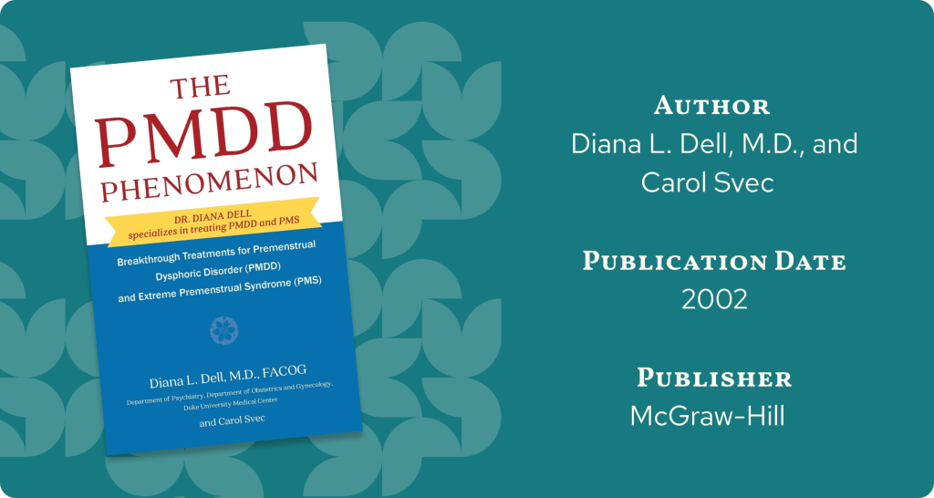 Cover of the book 'The PMDD Phenomenon' by Diana L. Dell, M.D., and Carol Svec, featured against a teal background. This PMDD book highlights breakthrough treatments for premenstrual dysphoric disorder (PMDD) and PMS, with publication details: McGraw-Hill, 2002.