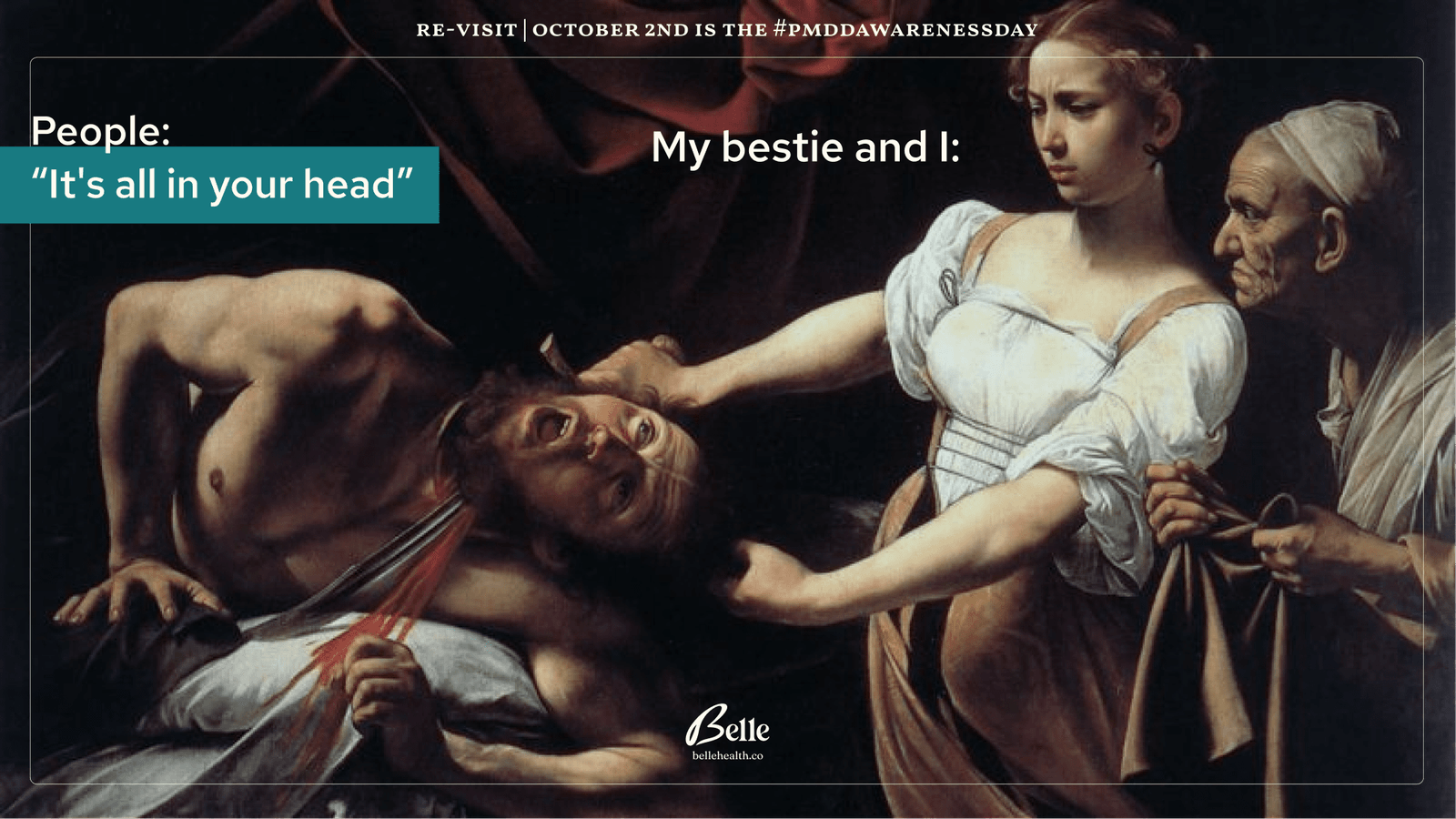 A classical painting depicting two women overpowering a man, paired with a meme caption that reads
