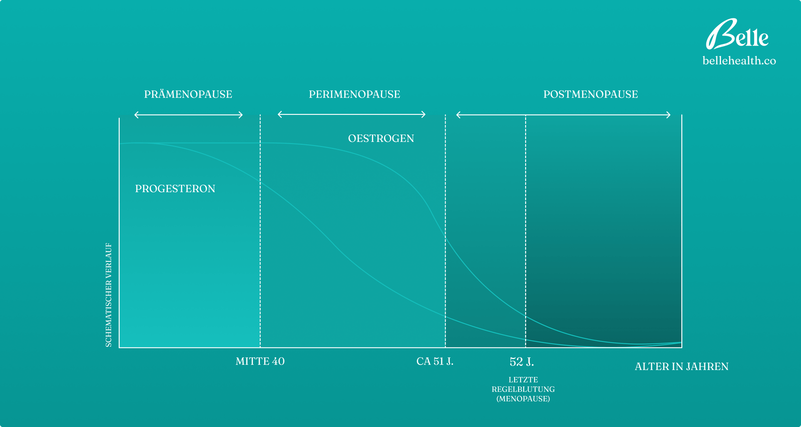 Diagramm der hormonellen Veränderungen während der vier Phasen der Wechseljahre: Es zeigt den Verlauf von Progesteron und Östrogen über die Prämenopause (bis Mitte 40), Perimenopause (bis ca. 51 Jahre), Menopause (um das 52. Lebensjahr), und Postmenopause. Der Progesteronspiegel sinkt ab Mitte der 40er Jahre, während der Östrogenspiegel einen graduellen Rückgang aufweist, insbesondere während der Perimenopause und Postmenopause. Die letzte Regelblutung (Menopause) tritt durchschnittlich im Alter von 52 Jahren auf.