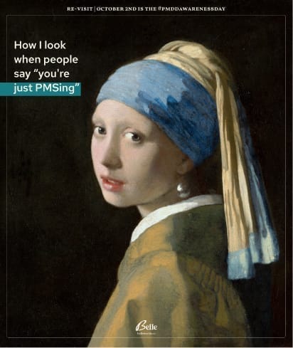 A classical painting of a young woman with a headscarf, paired with a caption that reads