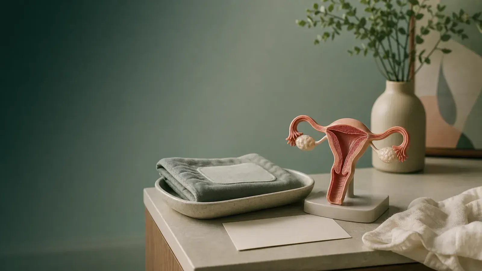 Fotorealistisches Stillleben in sanftem Tageslicht: ein neutrales Uterus-/Eierstock-Lehrmodell, ein gefaltetes Wärmekissen und eine leere Terminkarte auf einem Tablett – als visuelle Begleitung zu einem Artikel über Endometriose.