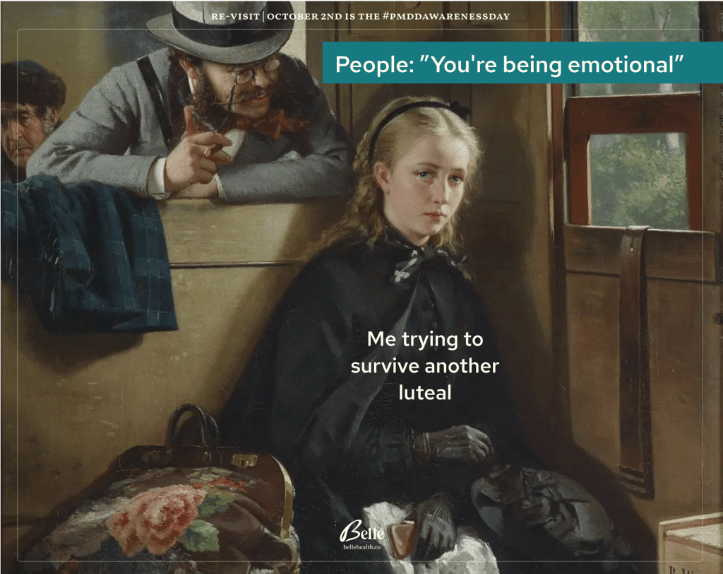 A young woman sitting in a carriage with a caption referencing PMDD
