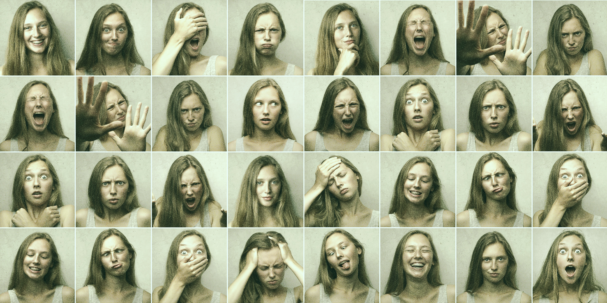 A collage of a young woman expressing a wide range of emotions, including happiness, surprise, frustration, anger, sadness, and confusion. Each expression is captured in a separate square, showcasing life with PMDD.