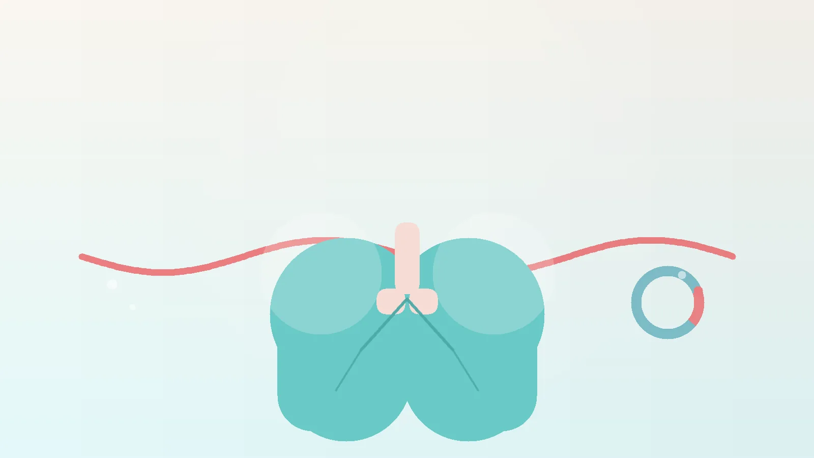 A calm illustration of lungs with a breathing wave line and a small menstrual cycle ring icon on a soft pastel background.