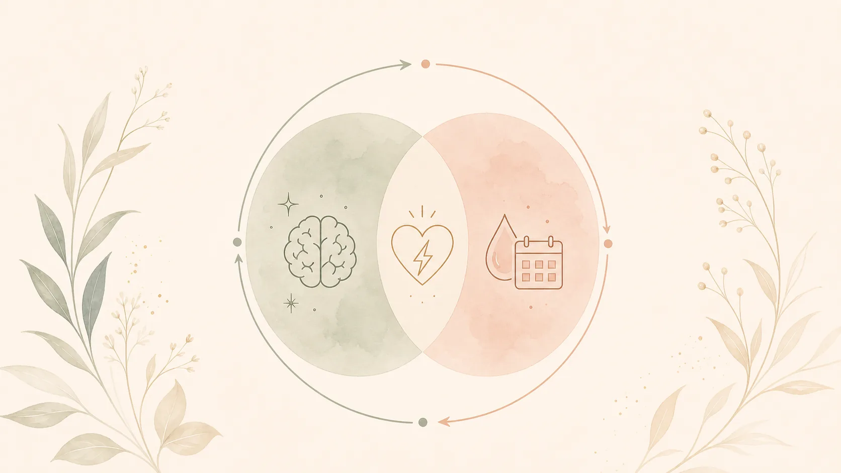 Watercolor infographic showing ADHD and PMDD overlapping, with cycle tracking icons.