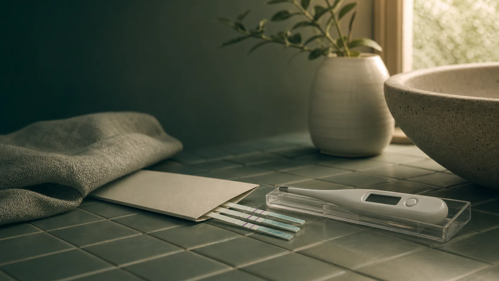 Unbranded ovulation test strips in a plain sleeve and a basal body thermometer in a clear case on a bathroom vanity in soft window light.