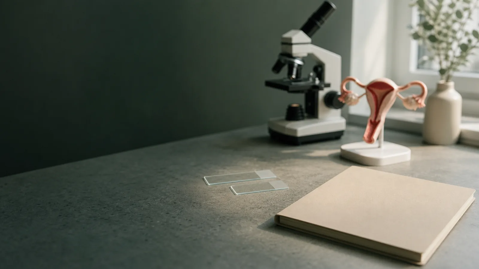 A softly lit clinical counter scene with a microscope, blank glass slides, and a small uterus anatomy model, representing research into endometriosis and cancer risk.