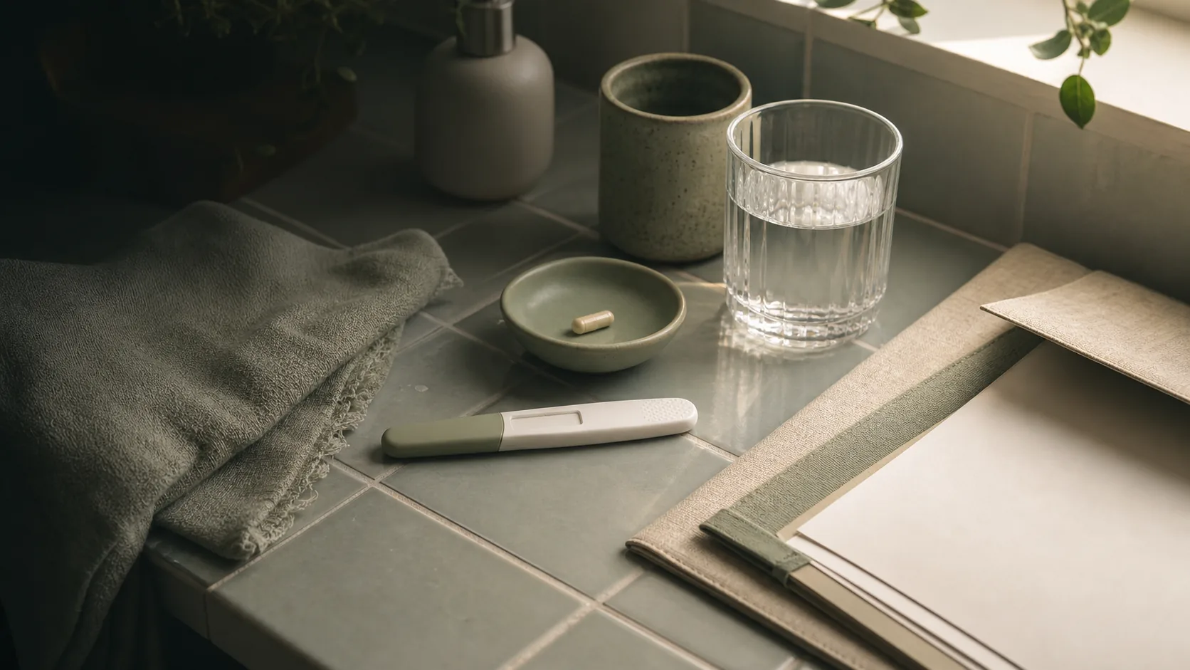 Photo-realistic editorial still-life on a bathroom vanity in soft window light: an unbranded pregnancy test turned away, a small ceramic dish with a single folate capsule beside a water glass, and a linen appointment folder with blank papers, representing endometriosis and pregnancy questions.