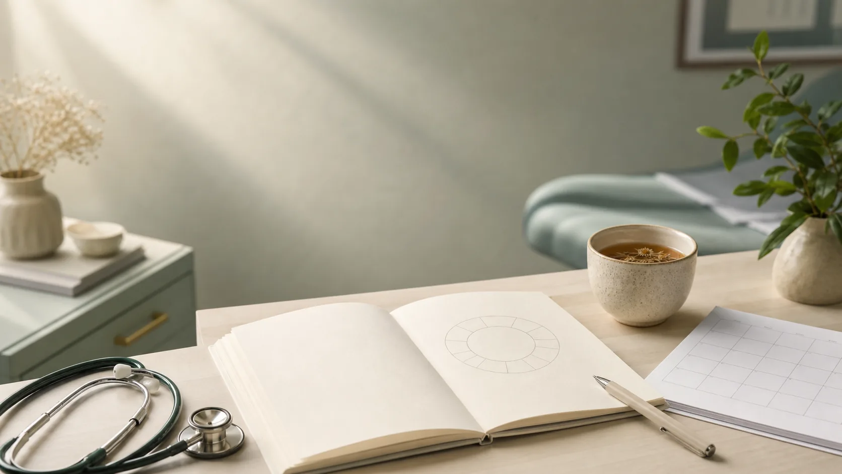 An open notebook with a simple menstrual cycle ring diagram beside a pen, a blank calendar page, and a stethoscope on a softly lit consultation desk.