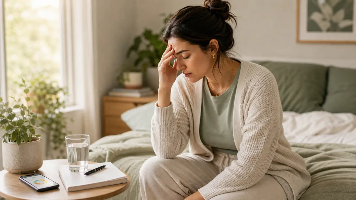 A woman sits safely beside water, a notebook, and a cycle-tracking phone while touching her forehead, representing dizziness with PMS or PMDD.