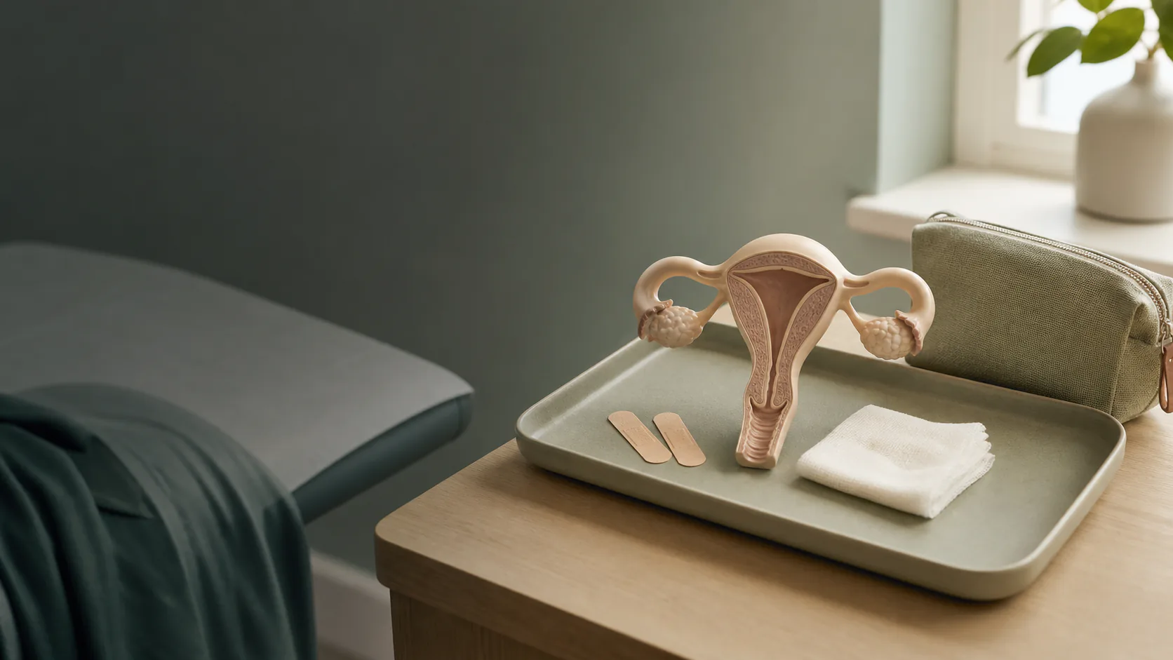 Photo-realistic editorial still-life in soft window light: a neutral uterus-and-ovaries anatomy teaching model on a matte tray beside plain bandage strips and folded gauze, representing endometriosis symptoms, diagnosis, and treatment.