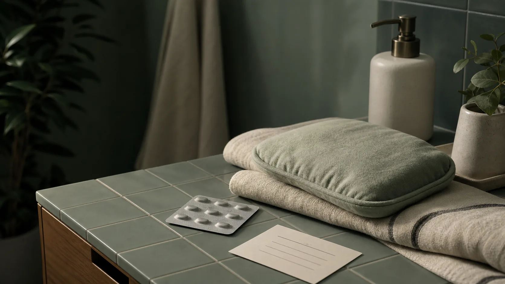 Photo-realistic editorial still-life in soft window light: a soft fabric heat pad on folded linen towels, an unbranded medication blister pack turned matte side up, and a blank appointment card on a teal-tiled vanity—representing endometriosis treatment options.