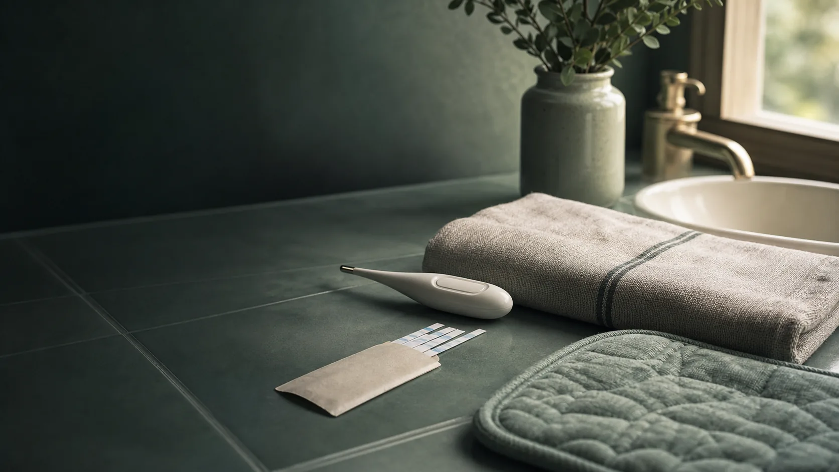 Basal thermometer, ovulation test strips in a plain sleeve, and a heating pad on a muted teal bathroom vanity in soft window light.