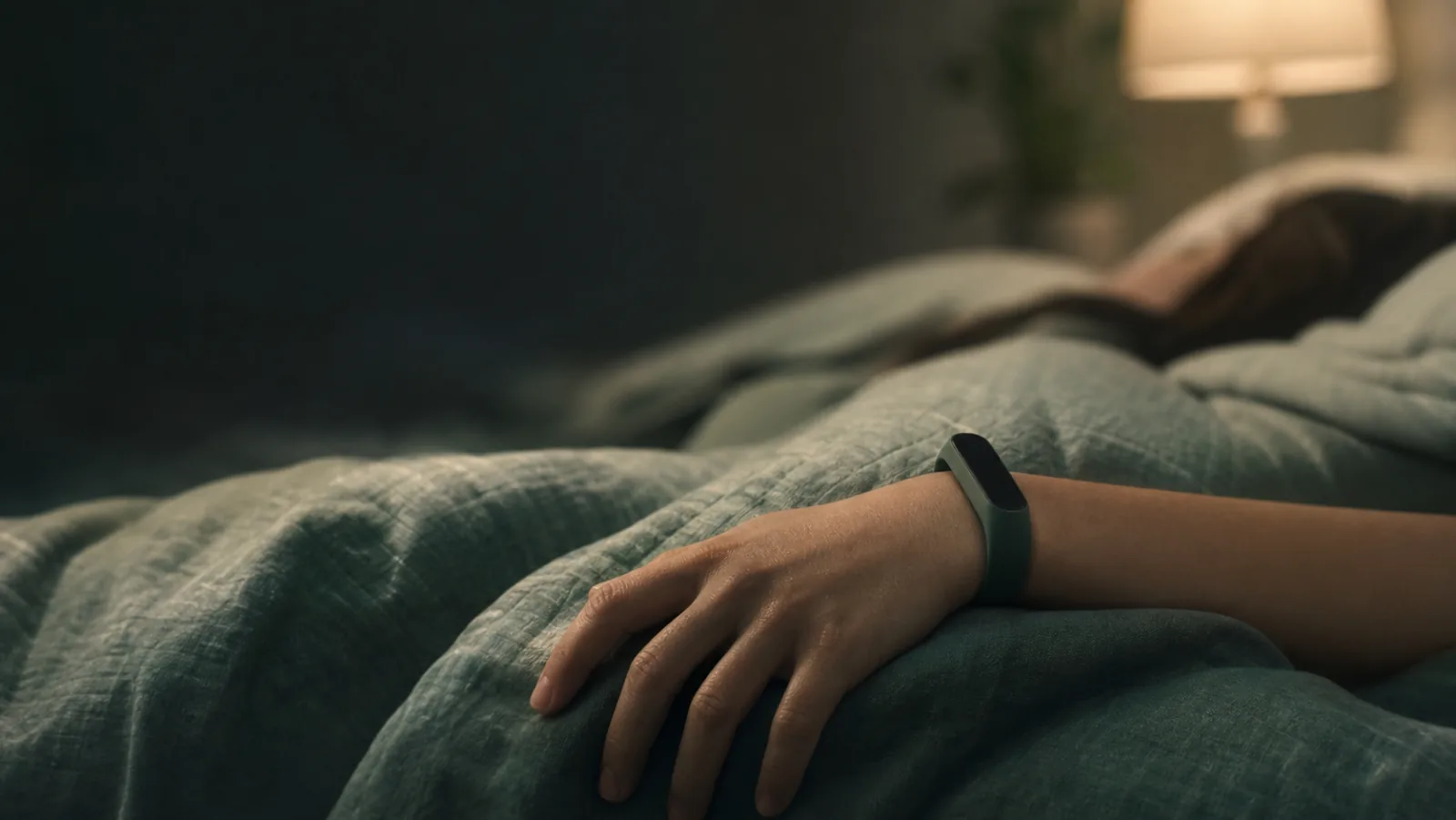 Nahaufnahme einer schlafenden Person; die Hand liegt auf einer Decke, am Handgelenk ein unmarkiertes Fitnessband mit ausgeschaltetem Display in weichem, gedämpftem Licht.