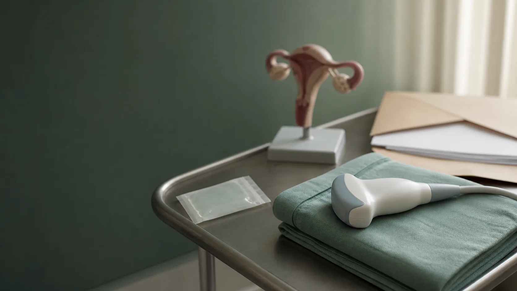 Photo-realistic editorial still-life in soft window light: a clean ultrasound probe on a folded sage drape on a stainless tray, an unbranded gel sachet, a small pelvis anatomy teaching model softly out of focus, and a sealed referral envelope with blank papers—representing the diagnostic pathway for endometriosis.