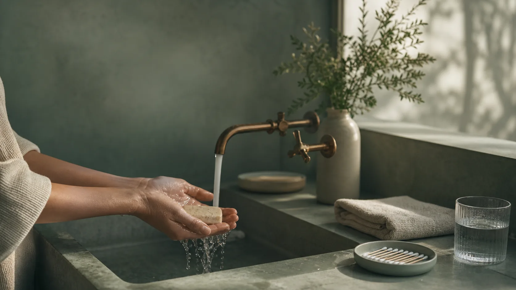 Hands washing at a bathroom sink in soft window light beside a folded towel, an orderly dish of cotton swabs, and a glass of water.