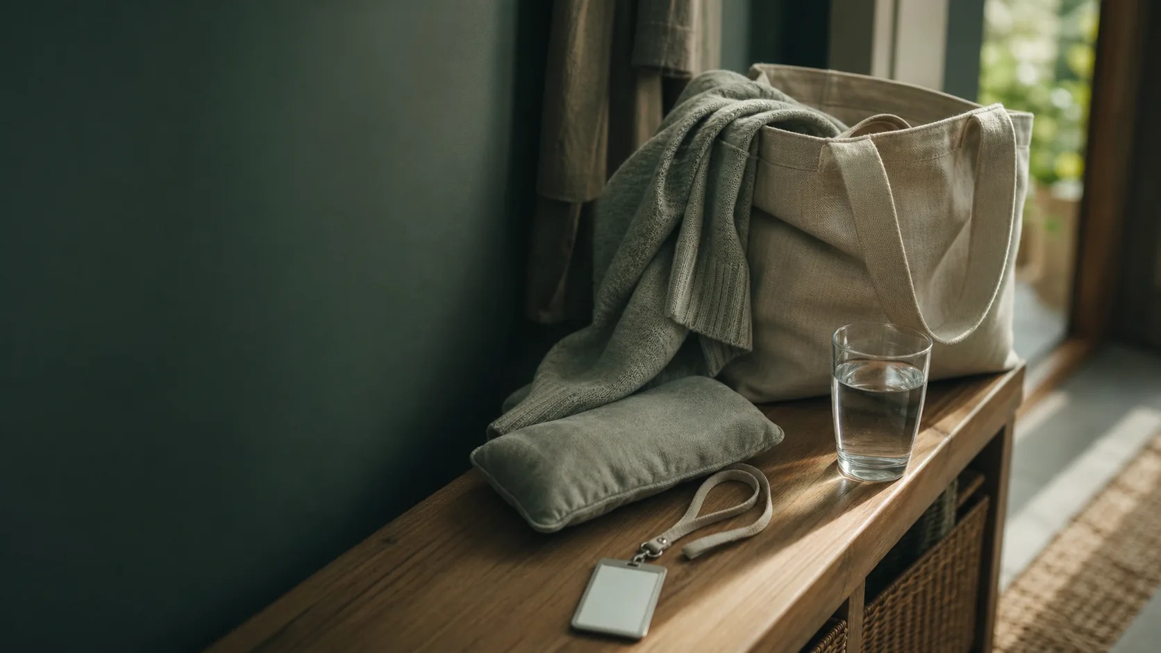 A calm entryway still-life with a neutral tote bag, folded cardigan, blank ID badge on a lanyard, a small fabric heating pad pouch, and a glass of water in soft window light.