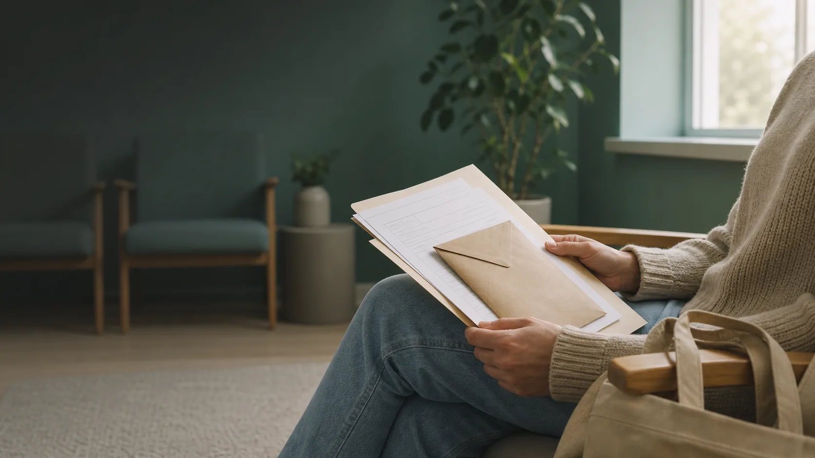 Softly lit clinic waiting-room scene with a person seated holding a plain folder with unbranded intake forms and a sealed envelope (no readable text), with calm darker negative space in the upper left for the title overlay.
