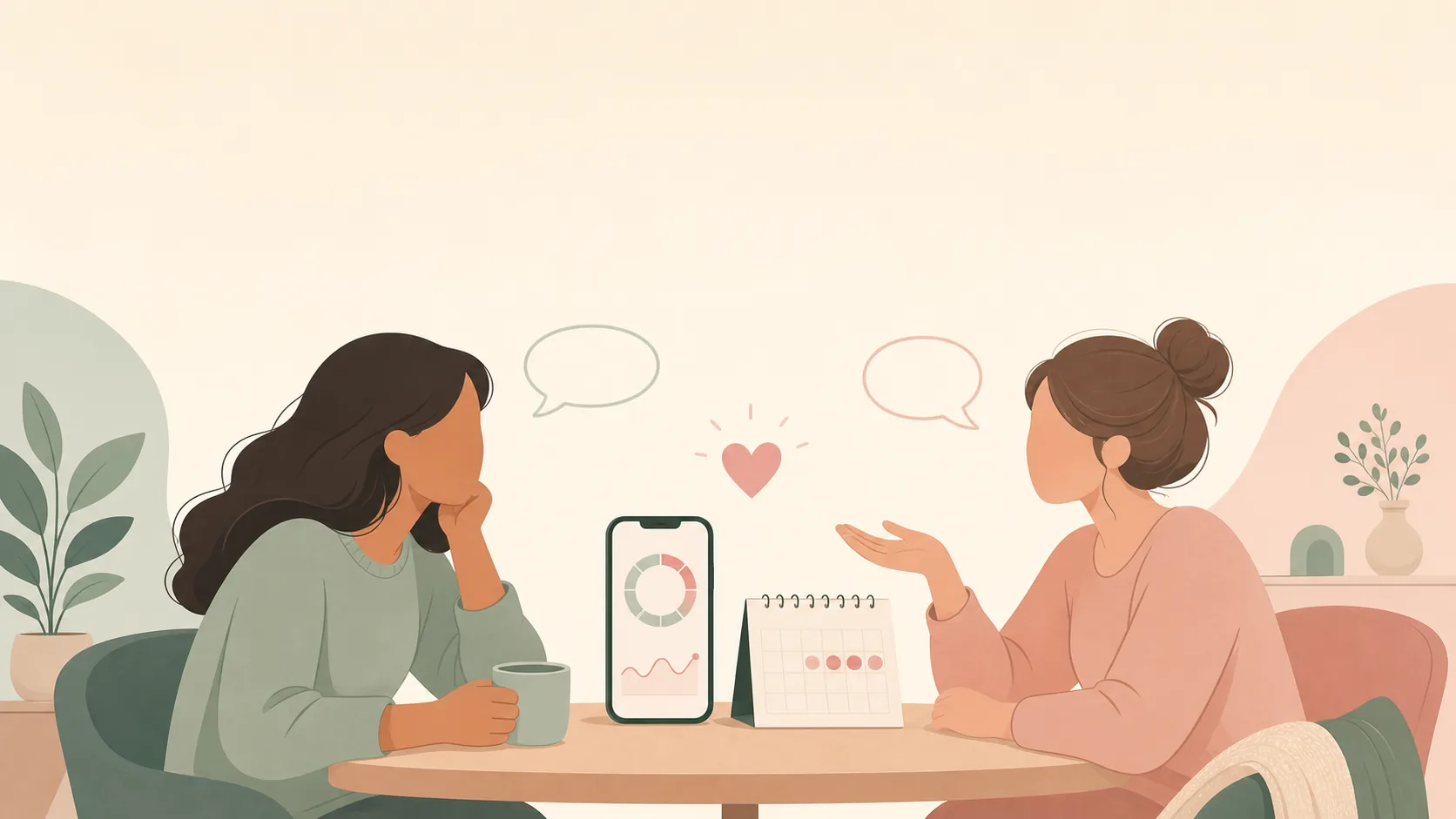 Minimal illustration of two people in gentle conversation with an unbranded phone showing an abstract cycle-tracking ring and mood trend line, plus a small calendar card and heart icon on a calm cream background.