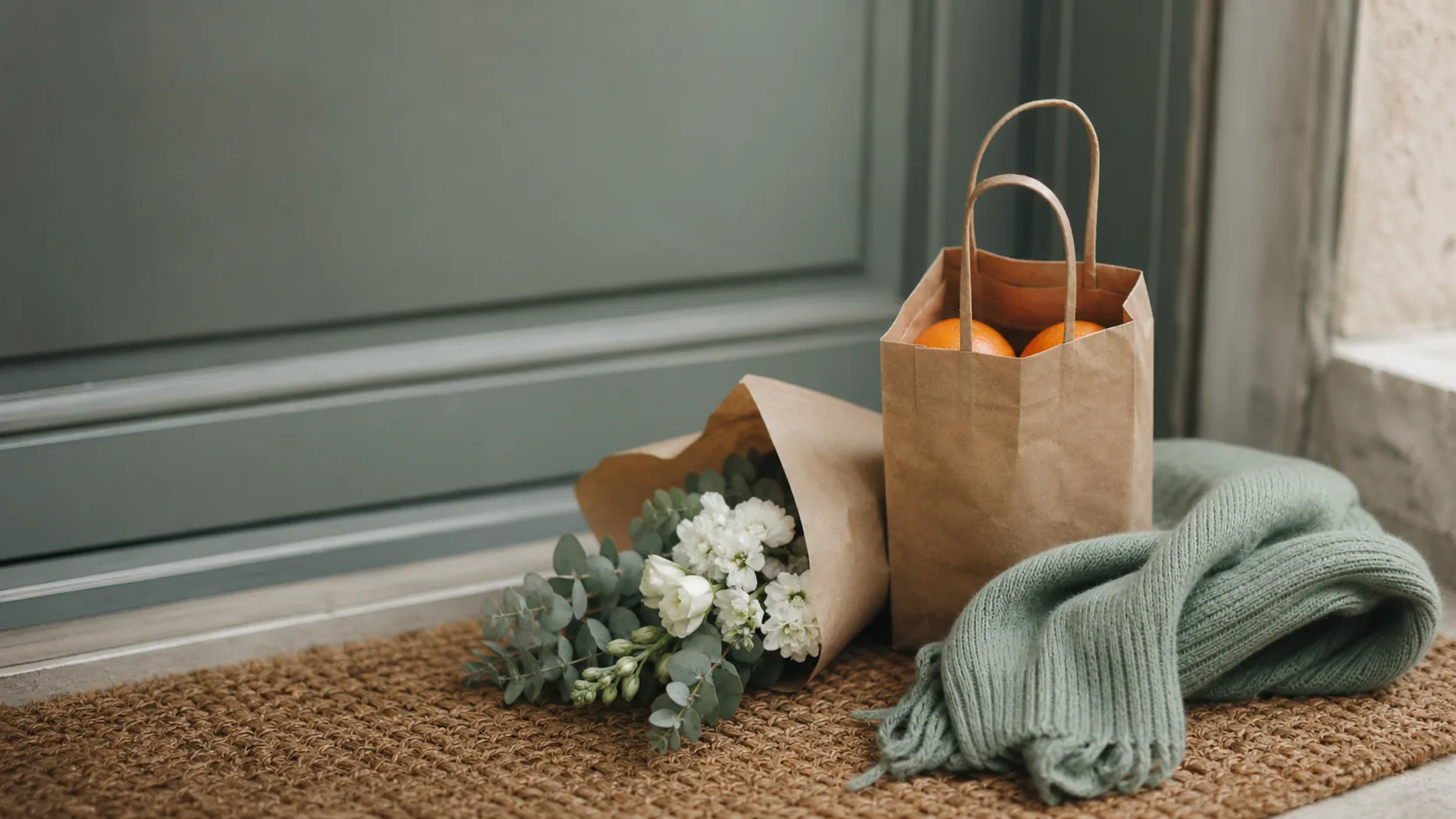 A small care package on a doorstep with a paper bag of mandarins, a bouquet wrapped in kraft paper, and a folded sage knit scarf in soft daylight.