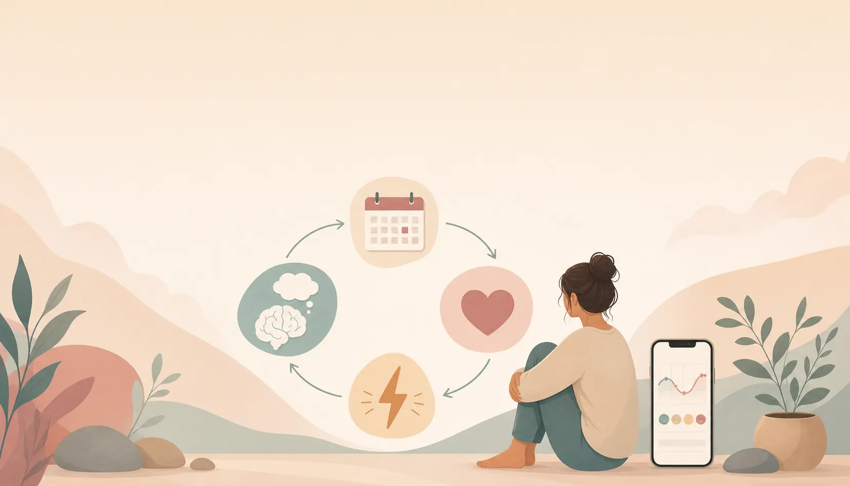 Minimal illustration of a circular self-blame “feedback loop” made of simple icons and arrows beside a woman silhouette and a phone showing an abstract mood-tracking chart.