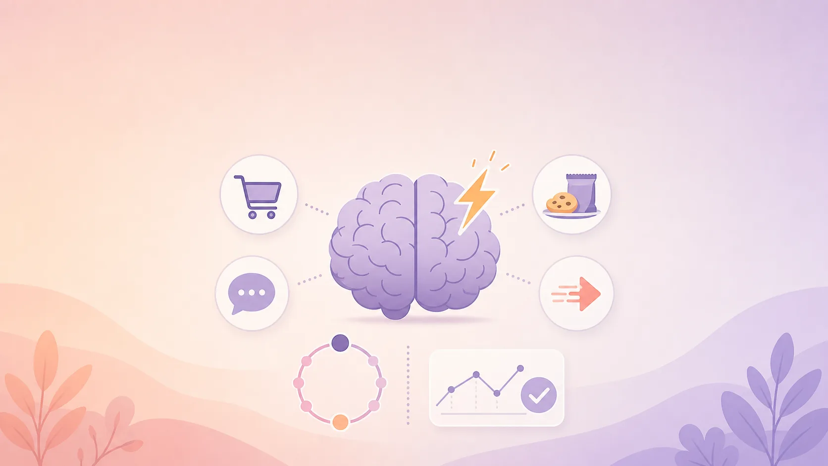 A minimal illustration of a brain with small icons for impulsive urges (shopping, messaging, snacking) plus a subtle menstrual cycle ring and tracking cue on a soft pastel background.