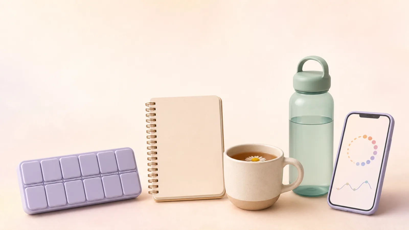Illustration of a simple PMDD treatment toolkit: a pill organizer, a notebook, a tea mug, a water bottle, and a phone showing an abstract cycle-tracking chart on a light background.