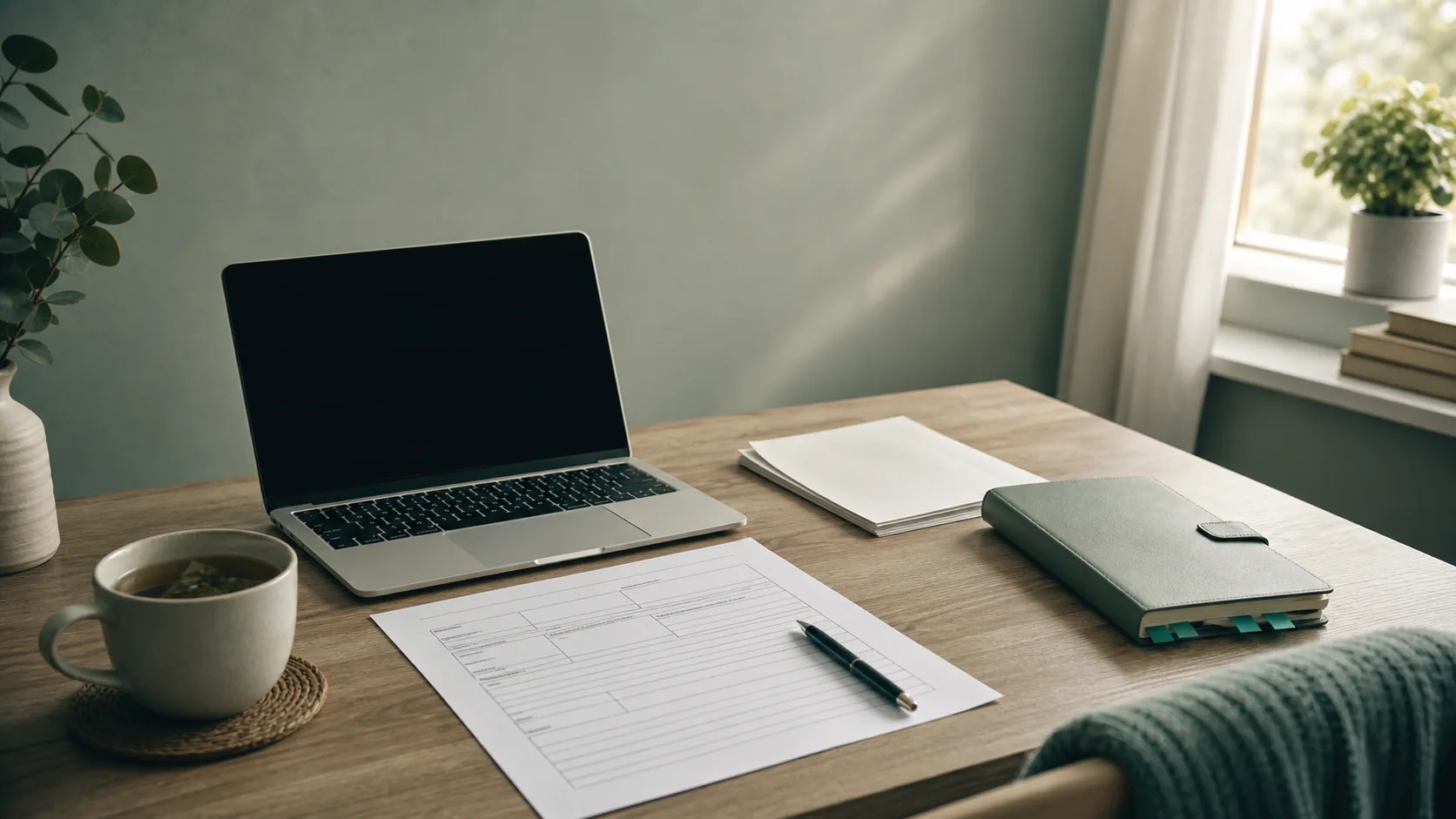 Softly lit desk with a laptop, a simple accommodations-request template form, a pen, a planner with teal tabs, and a cup of tea—suggesting preparation to request PMDD workplace accommodations.