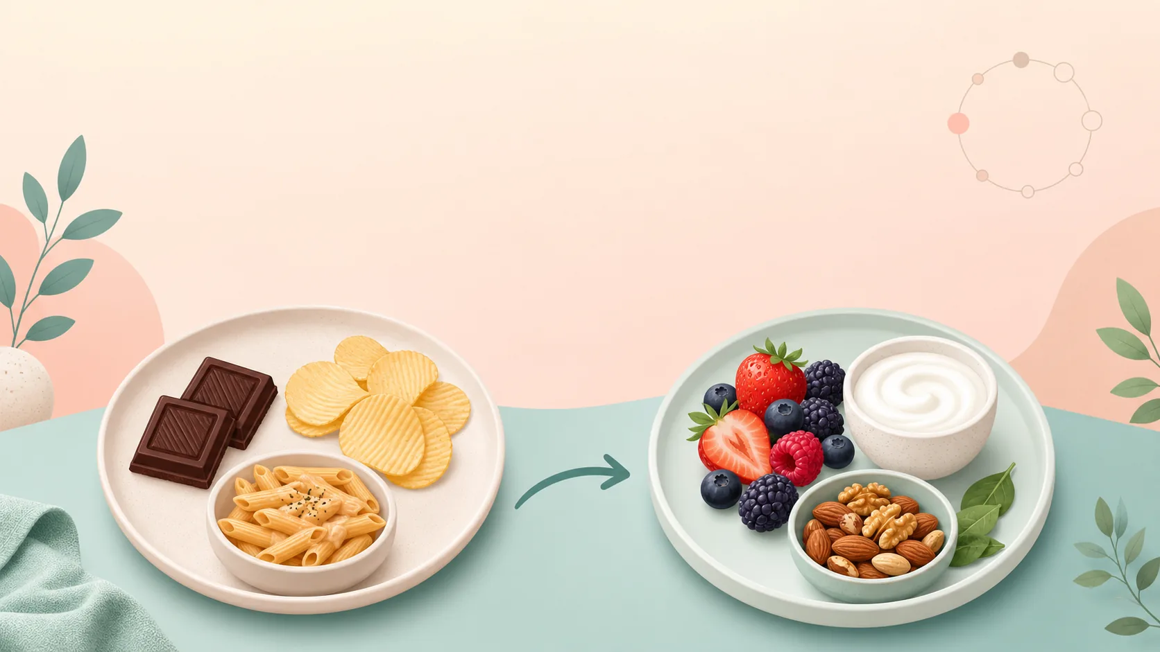 Vector illustration of two plates showing common PMS/PMDD cravings (chocolate, chips, bread/pasta) and supportive swaps (fruit, yogurt, nuts) with a gentle arrow between them.