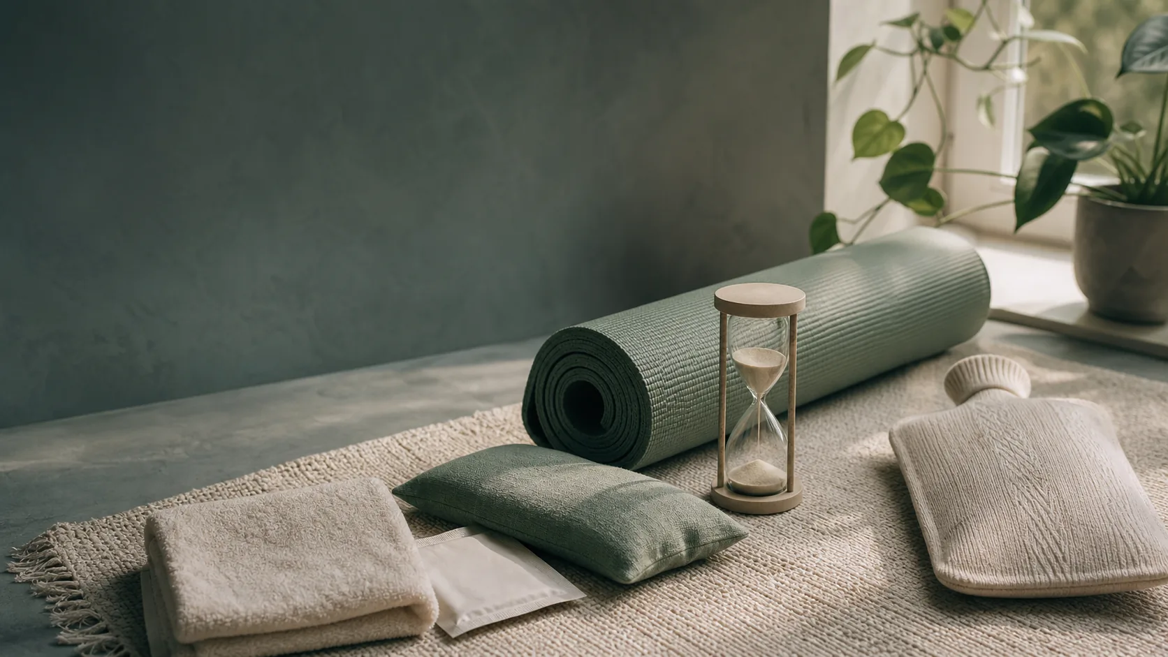 A rolled sage yoga mat with an hourglass timer, eye pillow, hot water bottle, folded towel, and a plain pad wrapper arranged in soft window light, representing gentle breathwork during a period.