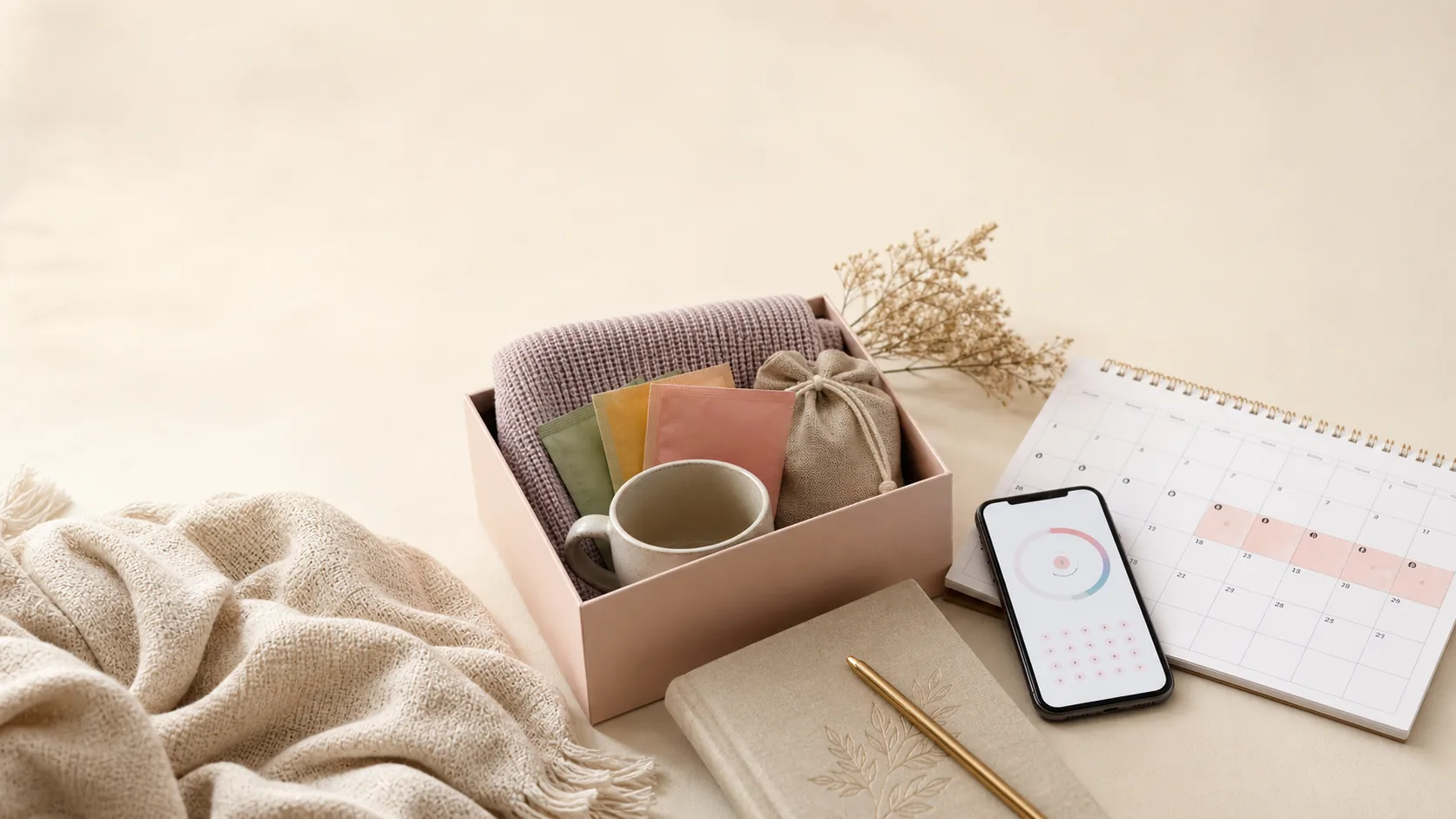 A flat-lay self-care kit with herbal tea, a journal, a cozy blanket, a calendar with luteal days highlighted, and a phone showing a generic cycle and symptom tracking screen.
