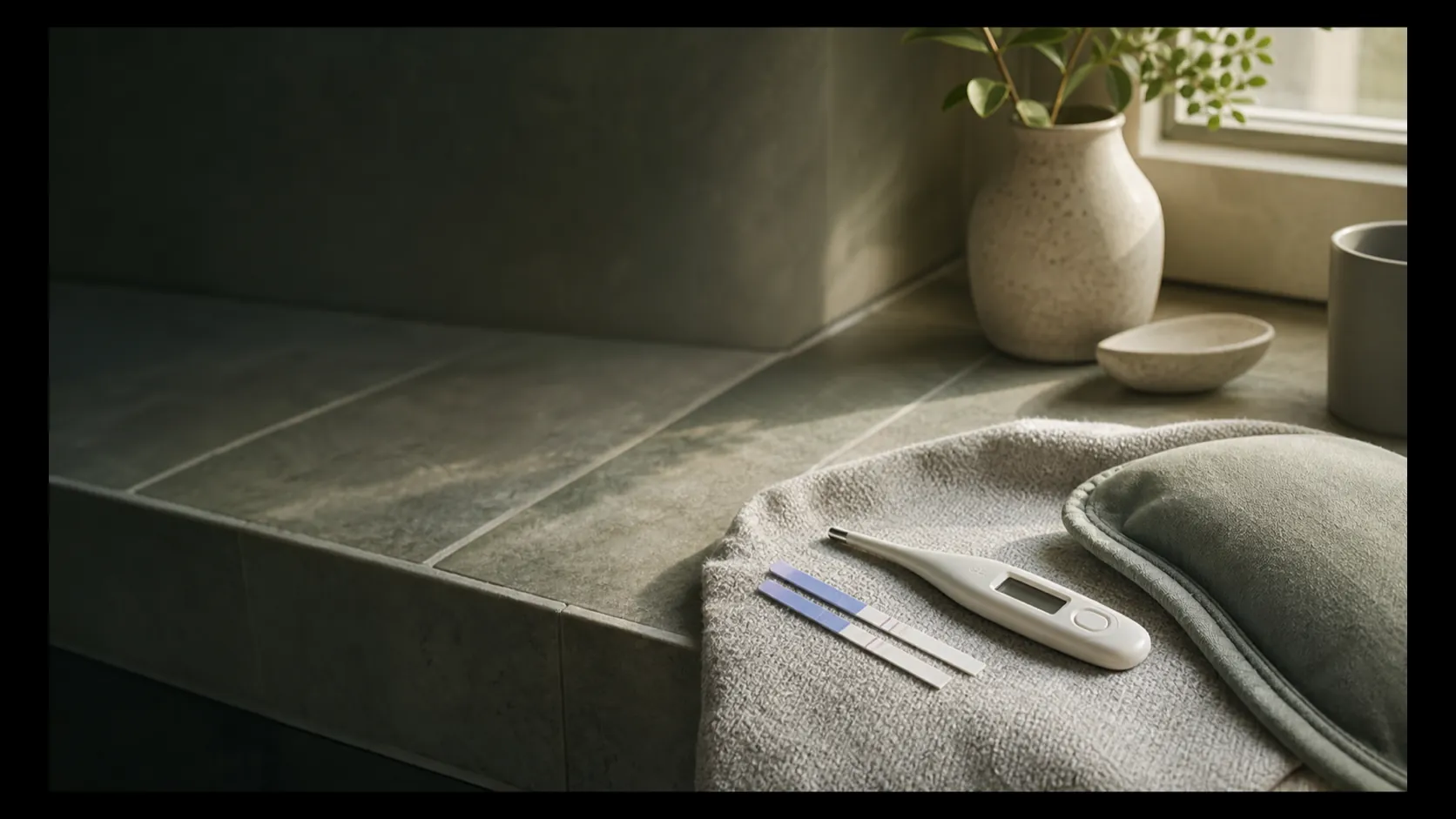 A basal body thermometer and two ovulation test strips beside a heating pad on a bathroom vanity in soft daylight.