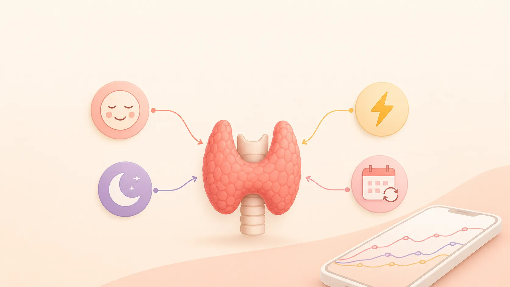Minimal diagram of a thyroid icon connected to simple icons for mood, energy, sleep, and cycle, with a phone showing an abstract symptom-tracking chart.