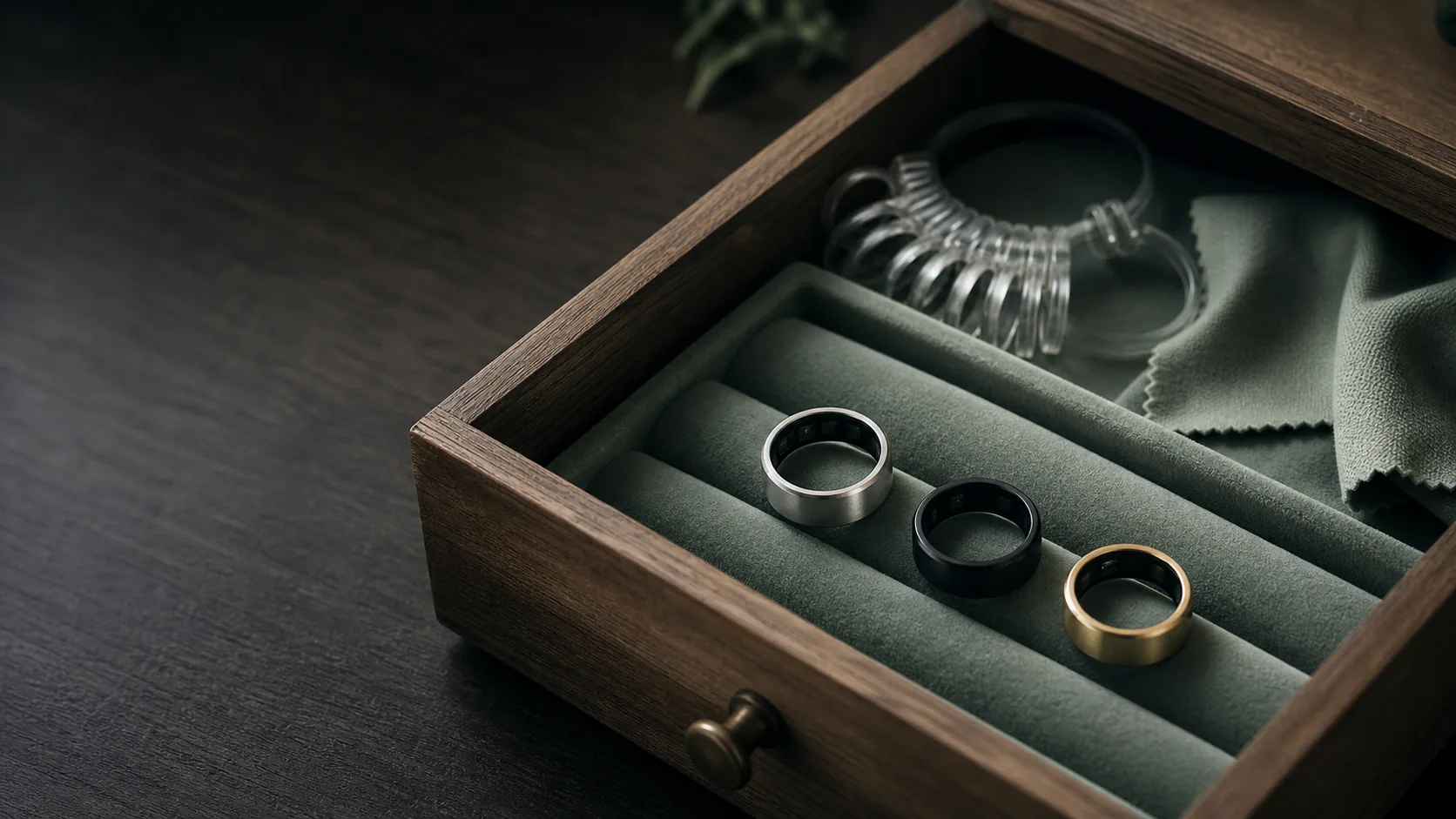 Drei unmarkierte Smart Rings in einem offenen Holz-Schmuckschubfach auf einem salbeigrünen Samteinsatz; ein Ring-Sizer und ein Mikrofasertuch im weichen Tageslicht.