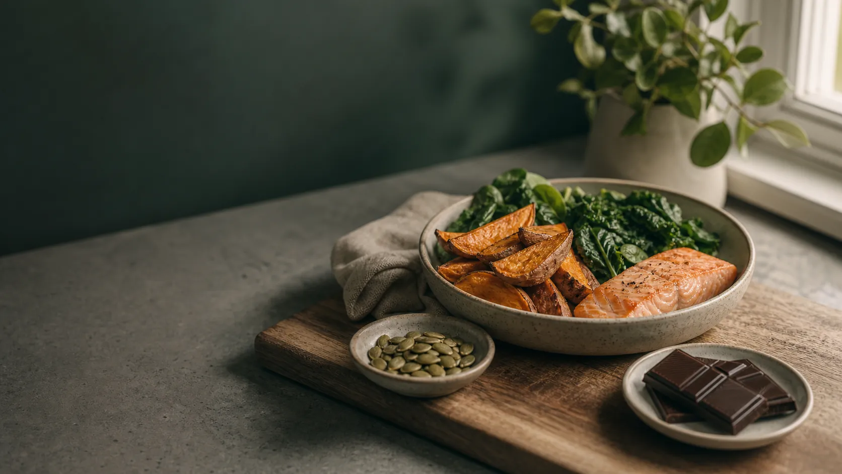 A softly lit bowl with salmon, roasted sweet potato wedges, and leafy greens on a kitchen counter, with small dishes of pumpkin seeds and dark chocolate nearby.