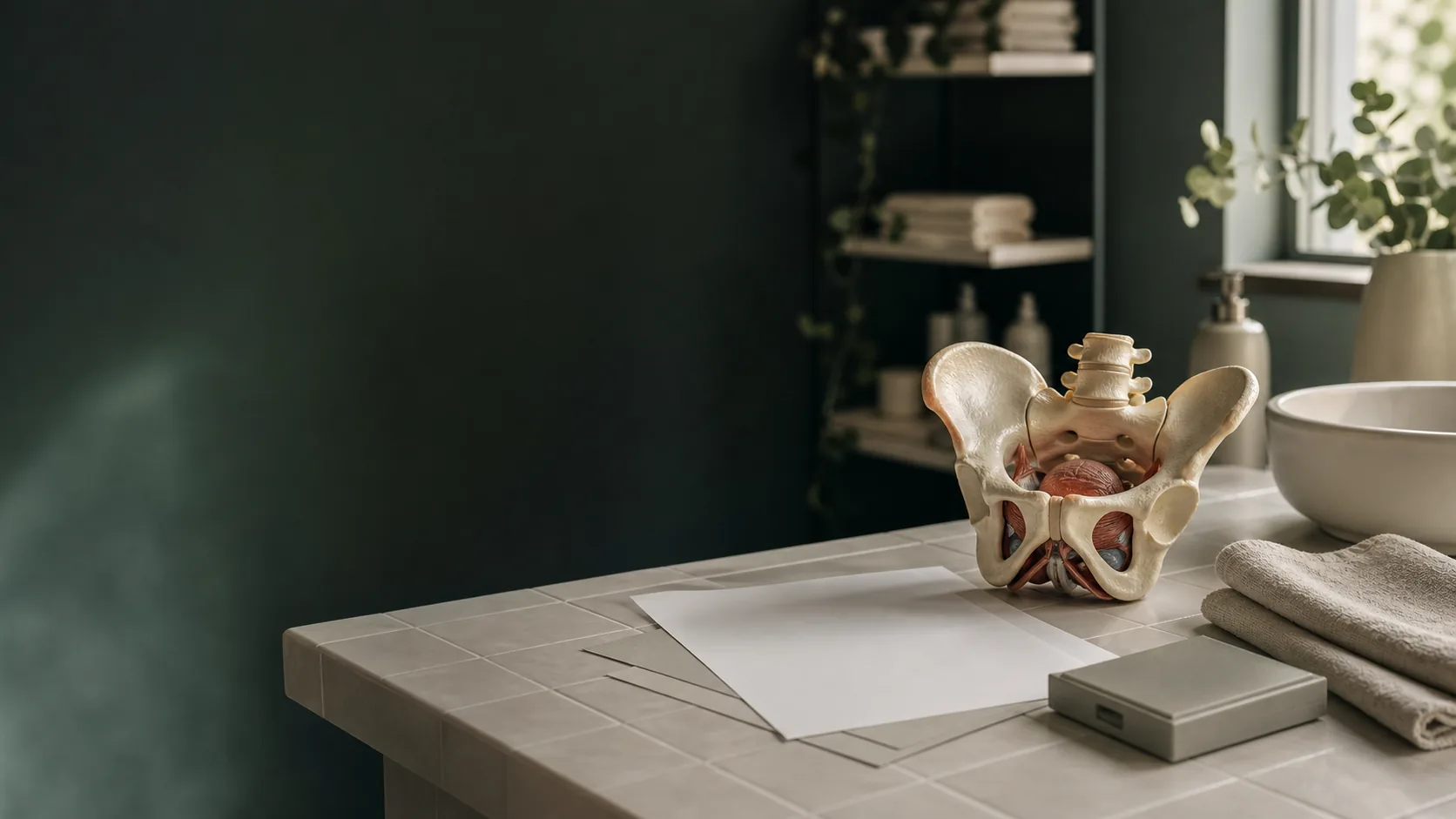 Ein Becken‑Anatomiemodell neben leeren Forschungsblättern und einem geschlossenen Objektträger‑Etui auf einem Badezimmer‑Waschtisch im weichen Tageslicht.