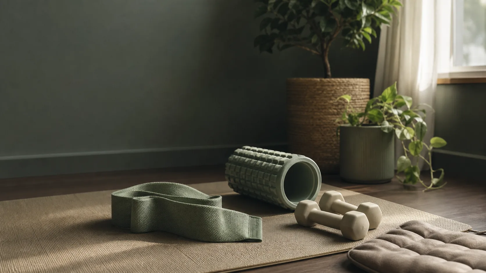 A yoga mat with a looped resistance band, foam roller, light dumbbells, and an unbranded heating pad in soft window light.